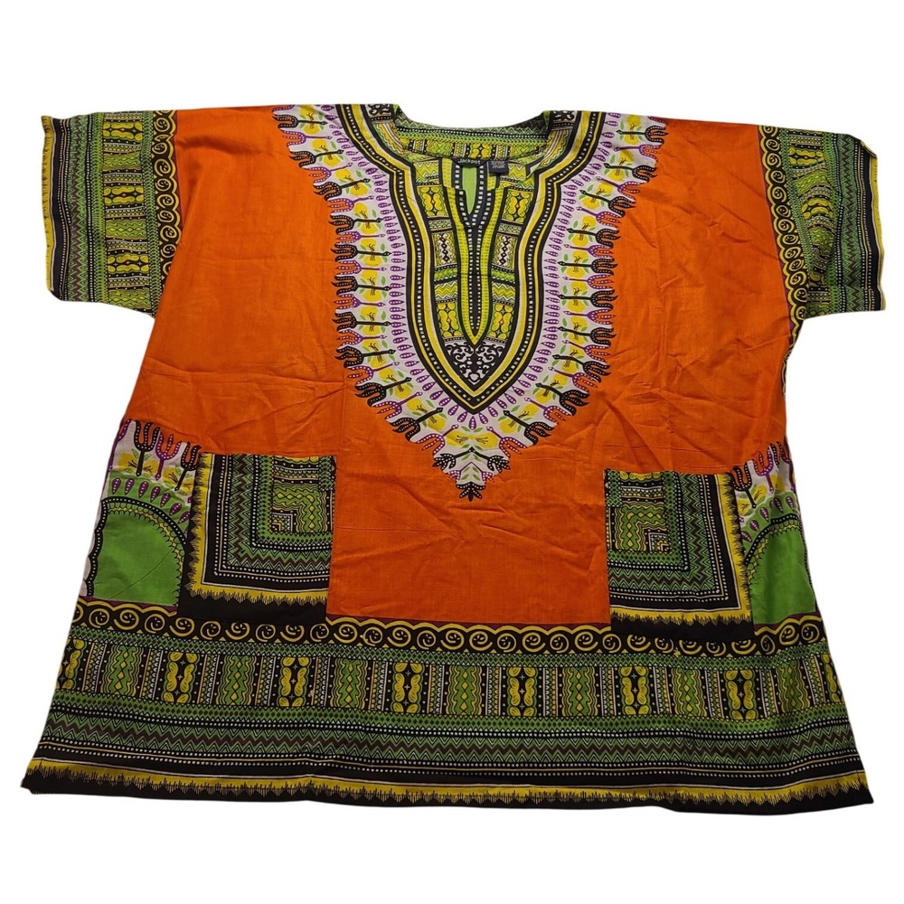 Jackpot Dashiki Shirt Orange‎ Cotton African Print V-Neck Tunic One Size OSFM